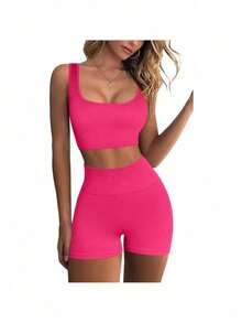 Workout Sets For Women 2 Piece Seamless Ribbed Crop Tank High Waist Shorts Yoga Outfits - Hot Pink - View 3