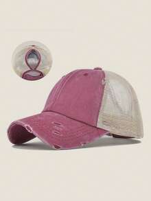 1 pieza Gorra de béisbol vintage lavada y desgastada para mujer, con diseño hueco, adecuada para coleta, versátil para exteriores, casual, deportes, campus, primavera/verano/otoño, protección solar, playa, viaje - A - Ver 17