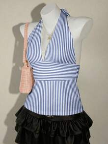 ICON Top halter de estampado de rayas azul y blanco, elegante y versátil, adecuado para primavera/verano, cómodo para vacaciones de verano y playa para mujeres - Multicolor 2 - Ver 6