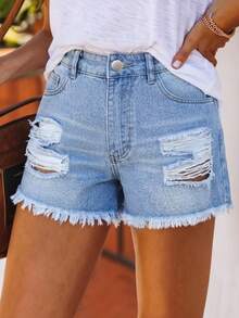 Shorts vaqueros de mujer con pierna recta desgastados y dobladillo deshilachado, estilo europeo y americano, casual para primavera/verano - Lavado ligero - Ver 5