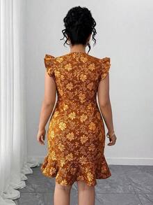 Vestido de mujer talla grande de primavera/verano de caliente con cuello cuadrado, elegante, ajustado, de manga corta, con volantes en el bajo tipo cola de pez, diseño de cintura minimalista, adecuado para el uso diario, ocasiones formales, fiestas y eventos de club - Multicolor - Ver 2