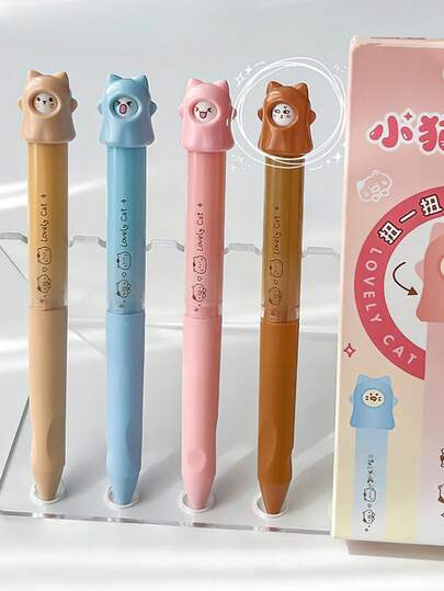 4pcs Cat Rotating Retractable Gel Pen, Cute Face-Changing Design, INS Style 0.5mm ST Tip Quick Dry Black Study Pen Perfect For Student Daily Study, Gift And School Supplies