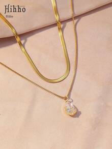 Hihho 2入組水滴微嵌鑲立方氧化鋯吊墜雙層精緻項鍊女士日常配飾，禮物 - 金黃色 - 查看 2