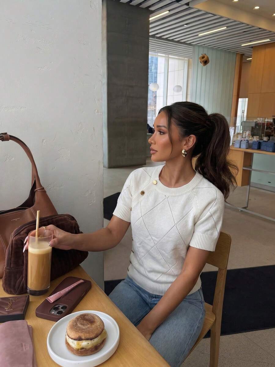 Women's Round Neck Single-Button Short Sleeve Knit Top, Urban Casual Business Style, Elegant Piece For Spring, Summer, Autumn - Apricot - View 1