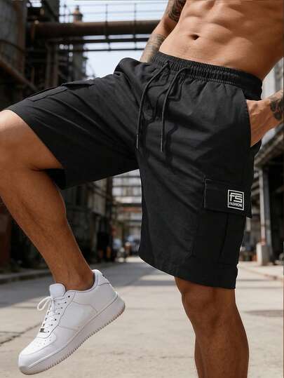 Men's Casual Solid Color Cargo Shorts, Summer Sports Shorts With Drawstring Waist And Large Pockets, Suitable For Daily Wear, Leisure And Sports