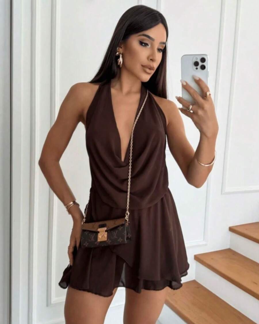 Boho Cris Boho Jumpsuit Elegant Silk Criss Cross Jumpsuit Bachelorette Party Birthday Party Holiday Summer Spring - Rust Brown - View 1