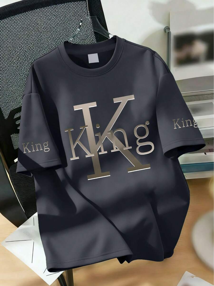 Áo thun cổ tròn in chữ "King" tối giản dành cho bé trai, trang phục mùa hè mới cho thanh thiếu niên. - Màu xám đen - Xem 1
