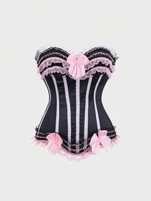 Corsets For Women Lace Trim Lingerie Tops Bow Lace Up Corsets Bustier Lingerie Bodyshaper Top - 粉色 - 查看 4