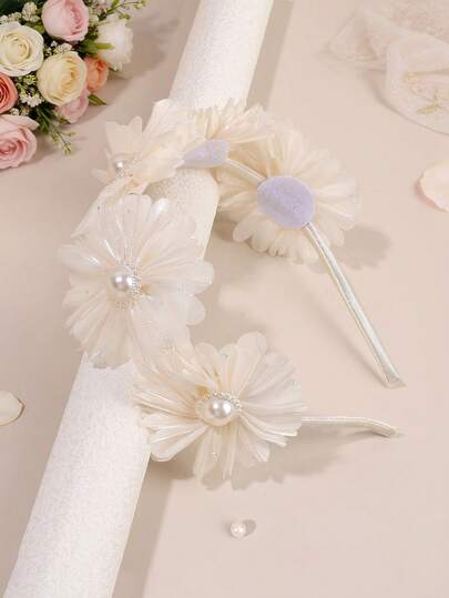 1pc Flower Headband For Women Elegant Beige Hairband Glossy Pearls Rhinestone Decor Headwear Wedding/Vacation Hair Hoop Floral Spring Headdress Women Hair Accessory