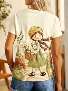 Plus Size Women Casual Round Neck Short Sleeve T-Shirt, "A Little Girl Walking In The Spring Fields" Printed Design White Summer - White - View 2