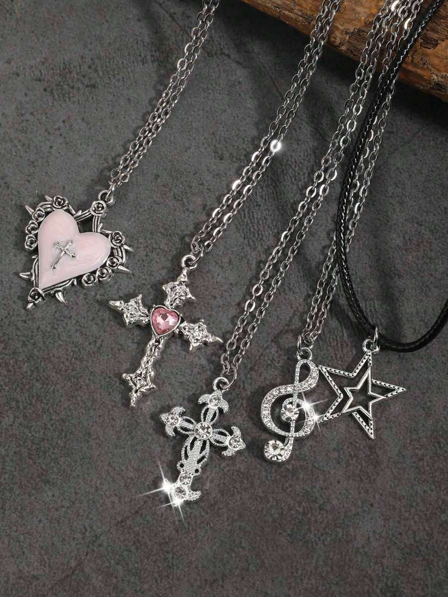 Set Kalung Liontin Gaya Gotik Vintage 5 Buah dengan Hiasan Berlian Imitasi, Bentuk Salib, Hati, Mawar, Bintang, Gitar, dan Kartu Remi untuk Pria dan Wanita - Perak - View 1