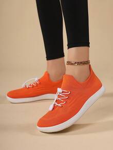 Zapatos de caminar para mujer de ajuste ancho, transpirables y ligeros, de punto, sin cordones, con patrón de punto acanalado, punta redonda y caña baja - Naranja Quemada - Ver 4