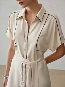 Vestido Midi Elegante con Cuello de Camisa, Costuras en Contraste, Cinturón y Abertura Frontal, Estilo Profesional para Ocasiones de Trabajo y Eventos Diarios - Albaricoque - Ver 2