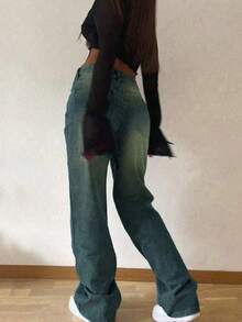 Quần jeans ống rộng kiểu ombre cho nữ tuổi teen, dáng rộng thoải mái, ôm sát, kiểu quần lê dài. - Rửa trung bình - Xem 4