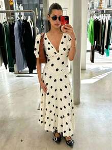 2026 Summer New V-Neck Waist Cinching Polka Dot Flounce Dress, Elegant Vintage Fabric Garden Tea Party Daily Date Vacation White - White - View 8