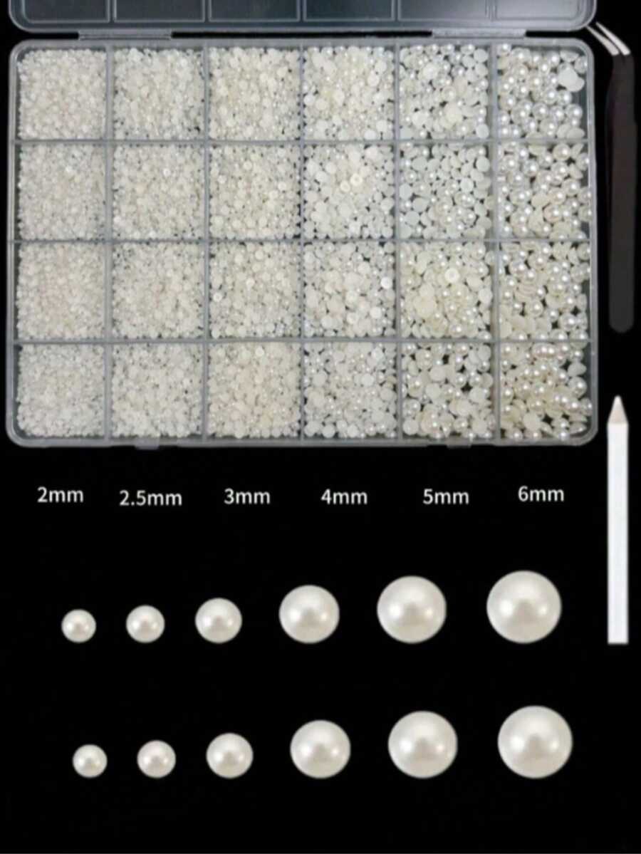 1盒什锦ABS米色珍珠美甲装饰品,法式圆形珍珠,多种尺寸,适合约会、派对妆容和美甲DIY - 米色 - 查看 1