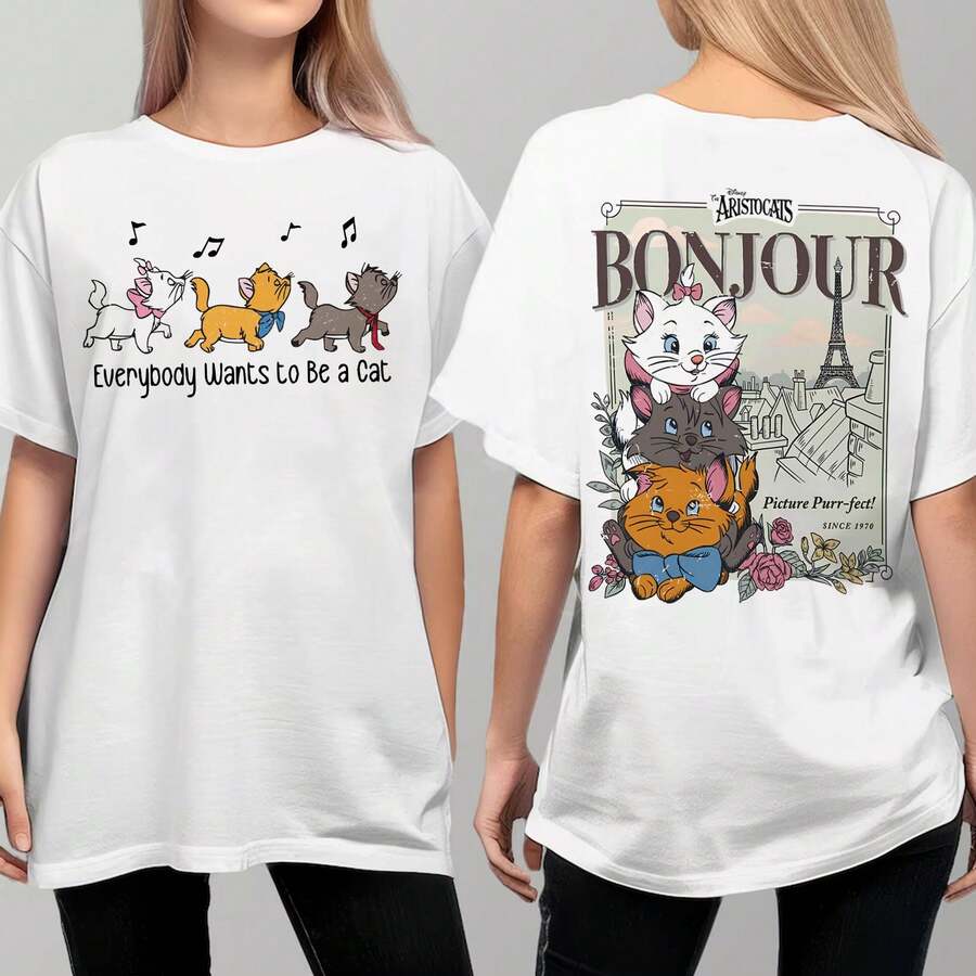 Loose Oversize Disney The Aristocats Bonjour Since 1970 Shirt, Everybody Wants To Be A Cat Shirt, Family Vacation Shirt, Disneyland Trip Shirt, Disney Tee - trắng - Xem 1