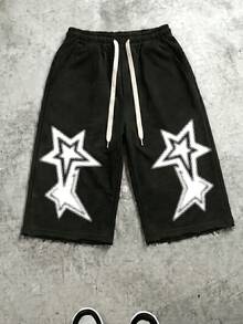 FRACTYR 男士夏季复古美式街头风黑色像素星印花毛边抽绳休闲短裤，阔腿七分裤，透气舒适，适合夏季穿着 - 黑色 - 查看 5