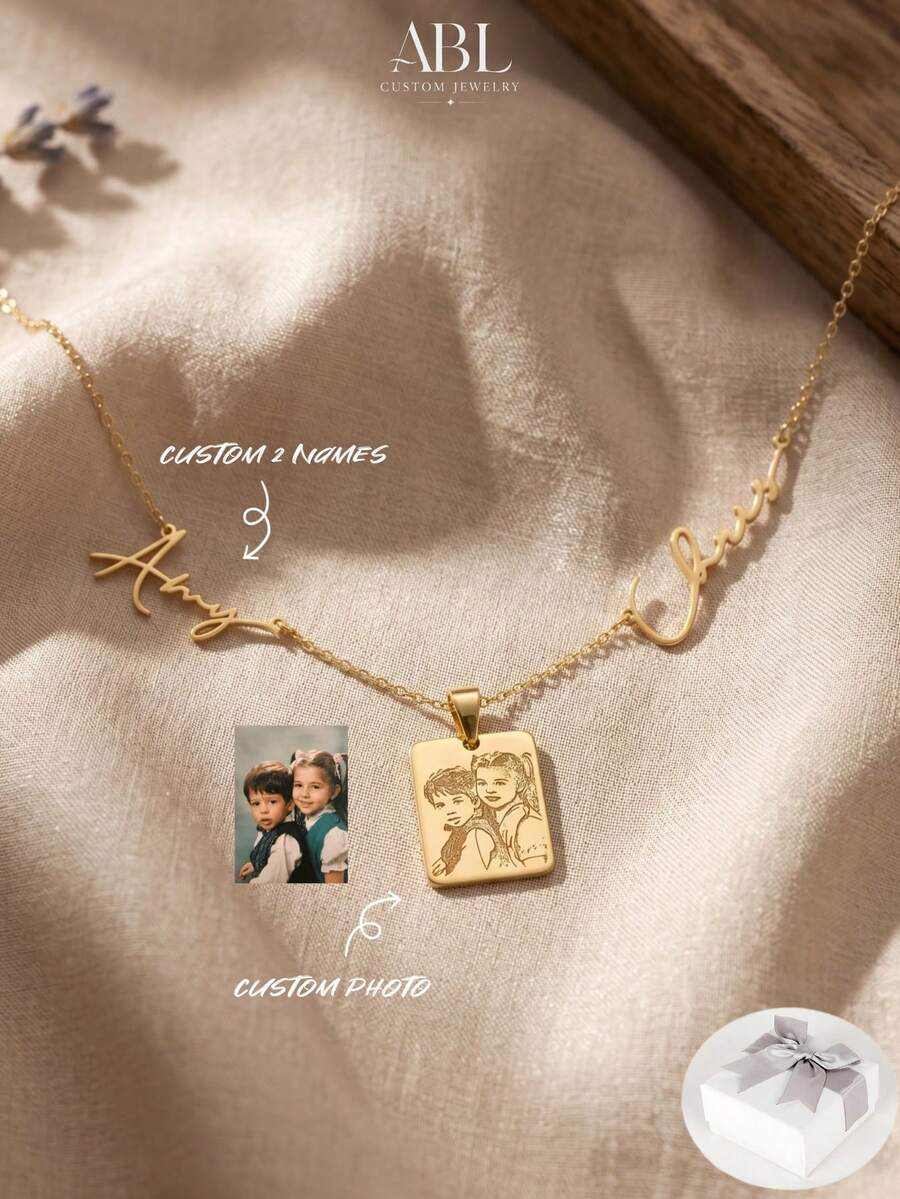 Customized Couple Name Necklace, Personalized Photo Engraved Necklace, Custom Image Engraved, 18K Stainless Steel Necklace, Gold/Silver Portrait Pendant, Personalized Family/Pet Jewelry, Perfect Gift - Multicolor - Customize Your Name + Picture - View 1