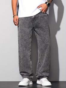Men's Balloon Jeans, Straight Leg, Baggy Premium Streetwear, Oversized, Rapper Denim, Skater Style, Loose Fit - Marbleized Graphite - View 6
