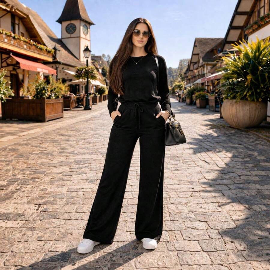 WOMEN'S WINTER SET OF PANTALON PANTS, HIGH WAIST WITH ELASTIC AND FLUSH BLOUSE - Black - View 1