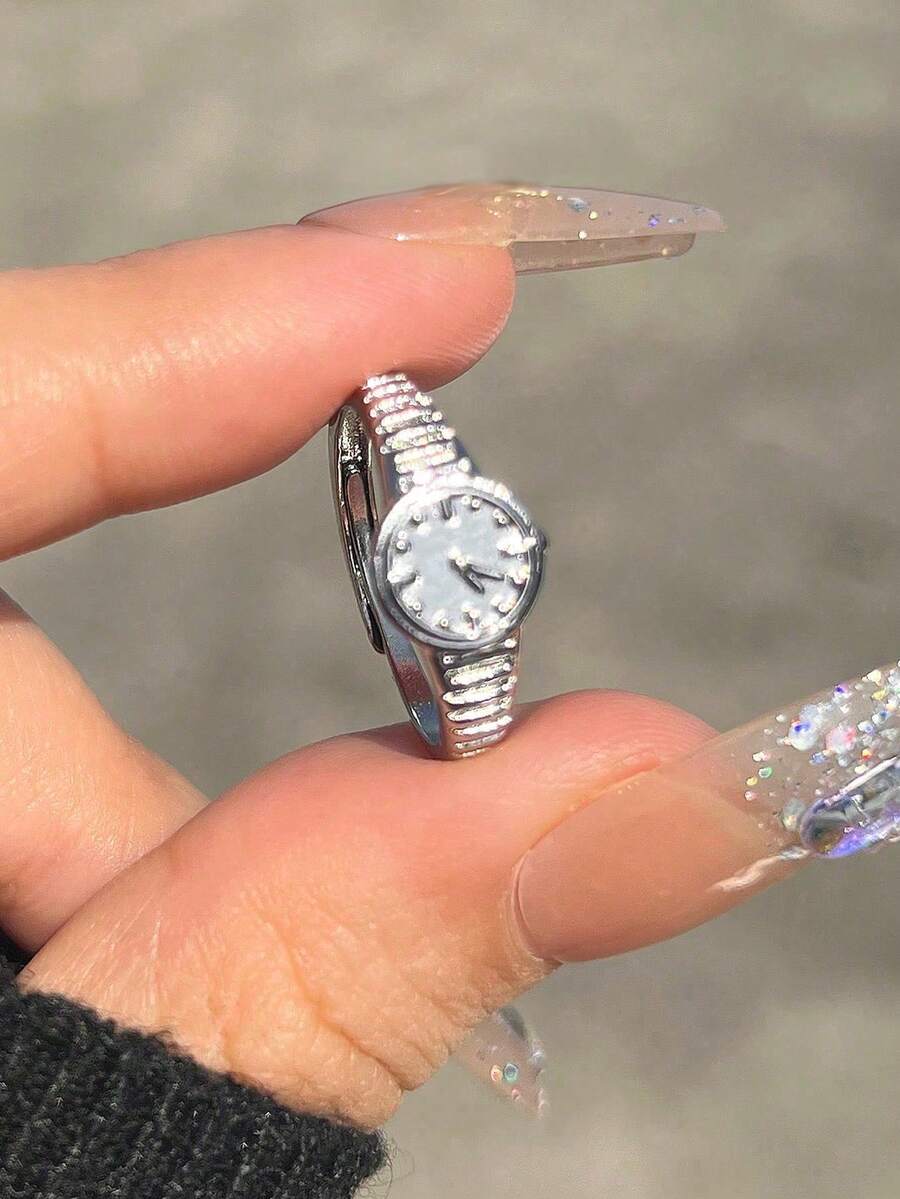 1pc Fashionable Unique Design Fake Watch Ring, Gift For Girls, Women's Decorative Watch Ring, Non-Functional - 銀色 - 查看 1