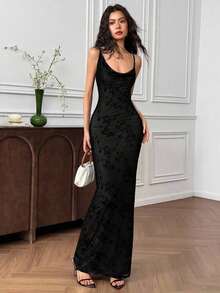 Vestido de malla con escote en la espalda para mujer, vestido largo de ajuste ceñido para uso diario - Negro 3 - Ver 8