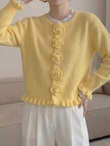 JIANHU Spring New Floral Button Frayed Knit Cardigan, Women Loose Sweet Elegant Jacket, Versatile Long Sleeve Sweater - Yellow - View 9