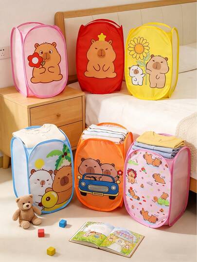 1pc Cartoon Capybara Design Children's Room Toys Storage Basket Kid's Room Portable Folding Storage Basket Woven Laundry Basket With Handles, Foldable Laundry Basket, Mesh Laundry Basket For Children's Rooms Storage Organizer For Nursery