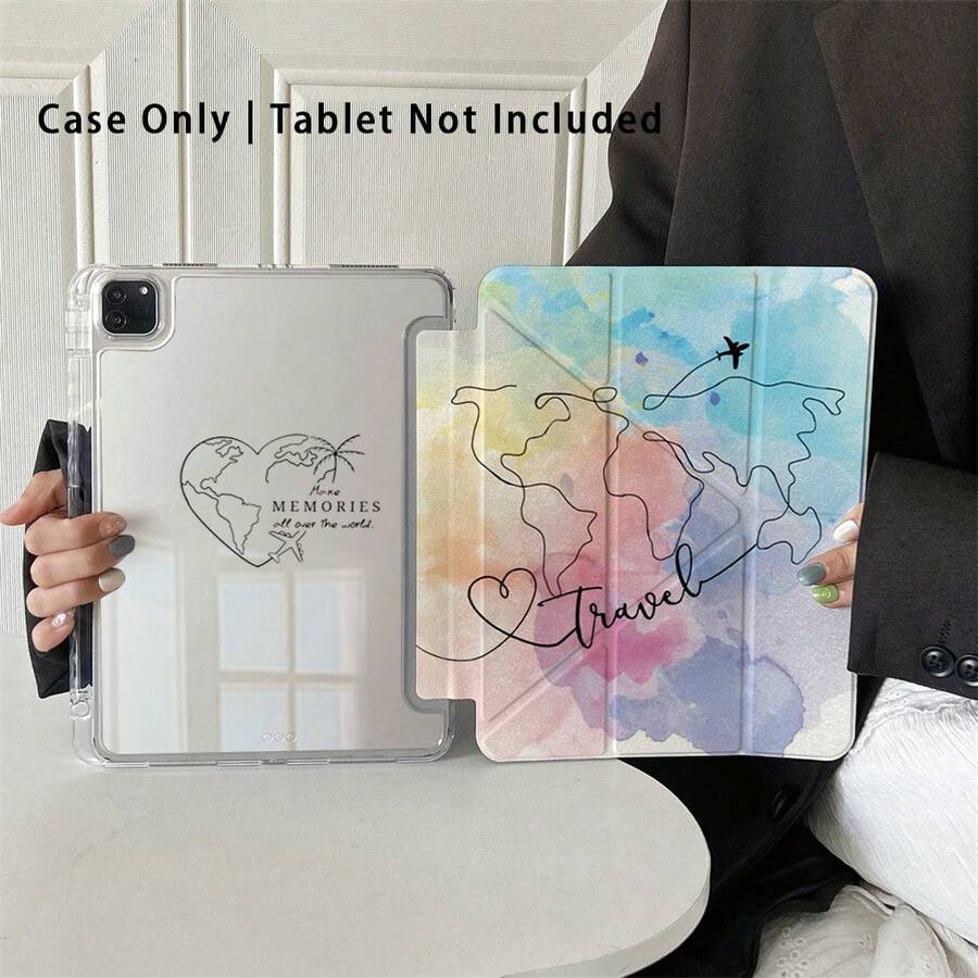 1pc Watercolor World Map "Travel" Print Transparent Back Tablet Case Innovative Foldable Stand With Multiple Viewing Angles For Work & Entertainment Ideal For Modern Users, Protective Cover With Pen Slot Compatible With IPad Pro 2024/Air M3/A16 2025,Compatible With XIAOMI,Compatible With SAMSUNG,Compatible With Huawei Matepad,Compatible With Honor Pad - Multicolor - View 1
