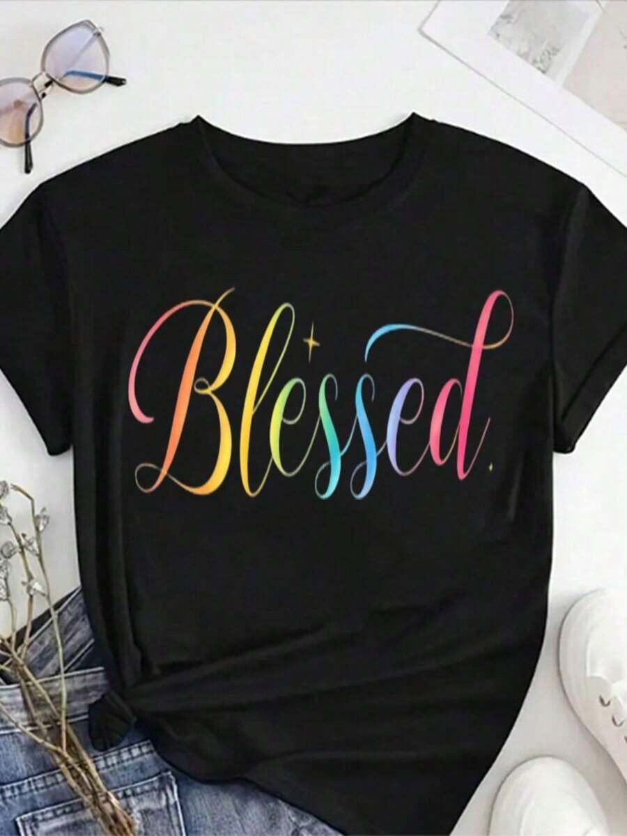 Camiseta de Cuello Redondo de Color Sólido para Mujer - Top casual negro de manga corta, lavable a máquina, adecuada para primavera, verano y otoño, cómoda para uso diario.| Diseño de texto interesante| Tela suave y cómoda - Negro - Ver 1