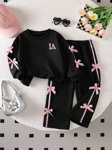 Baby Girl Ribbon Bow Decor Round Neck Long Sleeve Top And Pants Set - Black - View 2