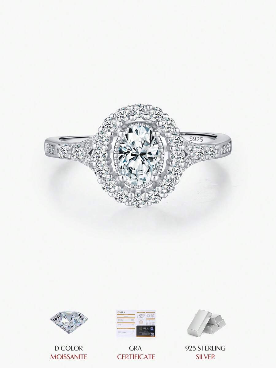 Nhẫn Moissanite hình bầu dục 0.5CT MODIAN bằng bạc Sterling 925, trang sức nổi bật với kim cương nhân tạo cắt tròn, dành cho nữ, nhẫn đính hôn.