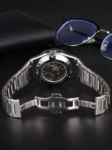 LONGLUX 1pc Men's Hollow Automatic Mechanical Watch With Butterfly Buckle Steel Strap, Minimalist Fashion Daily Wear, Suitable As Holiday Gift - White - View 6