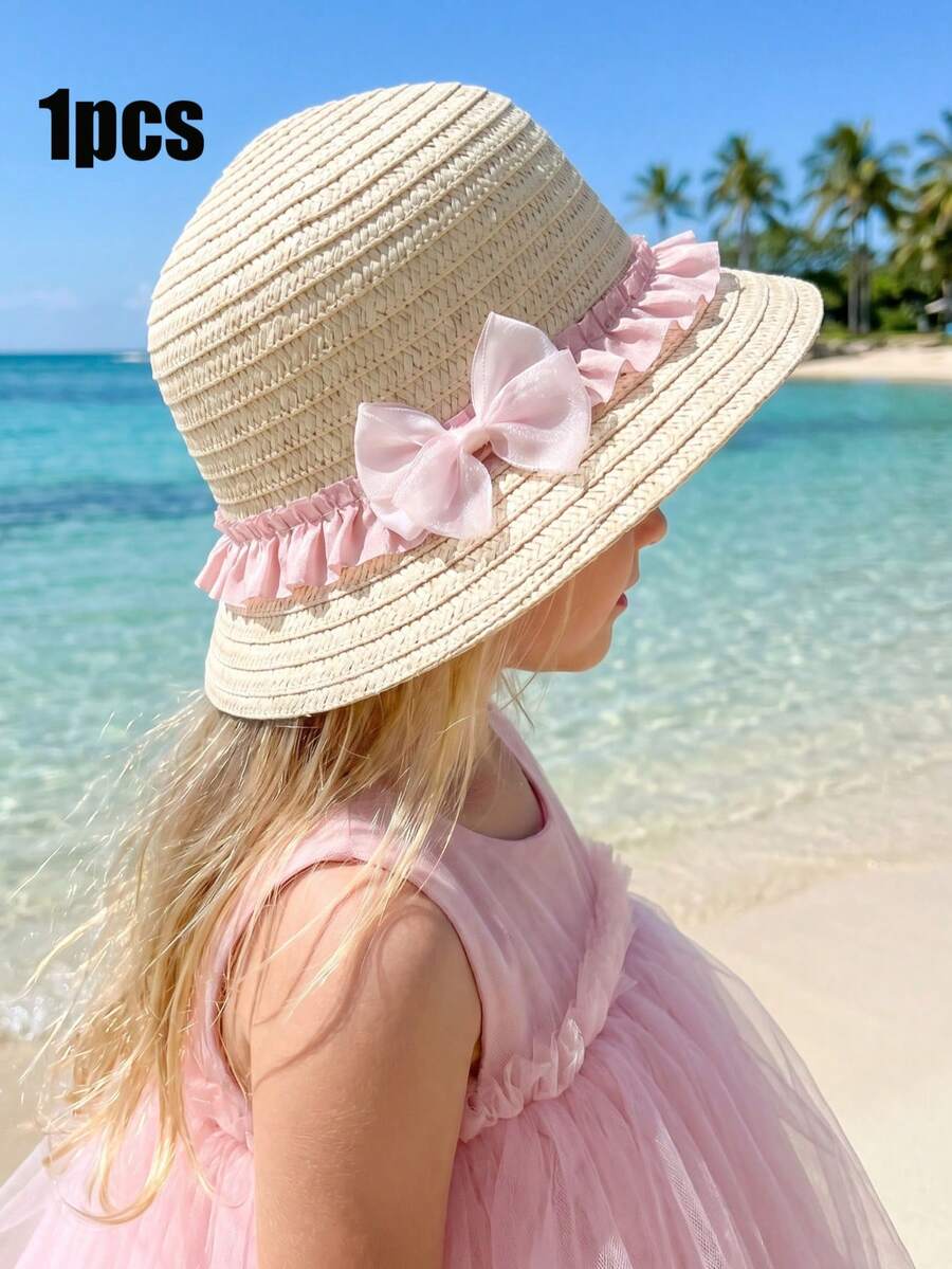 1顶幼儿女童米色蝴蝶结草帽,夏季防晒沙滩/户外透气草编帽,适合3-8岁儿童 - 1PC - 查看 1