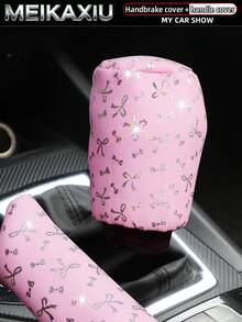 MEIKAXIU 2件套PU皮革蝴蝶结金属光泽汽车手刹套和换挡杆套，女士汽车装饰配件 - PU閃光蝴蝶結 - 查看 2