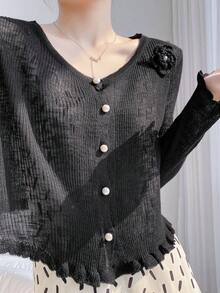 カーディガン レーディス 夏服 韓国スタイル キュート系 フリル 立体的な花 UVカット 薄手 アイスシルク ニットカーディガン ファッション エレガント 優しい雰囲気 合わせやすい トップス デート着 通勤に最適 日常着 - ブラック - チェックする 1