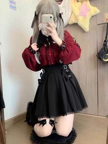Dark Halloween Vampire Sweet Cool Bat Race Color Black Red Long Short Sleeve Shirt Top Thread Shirt - Black Midi Skirt - View 11