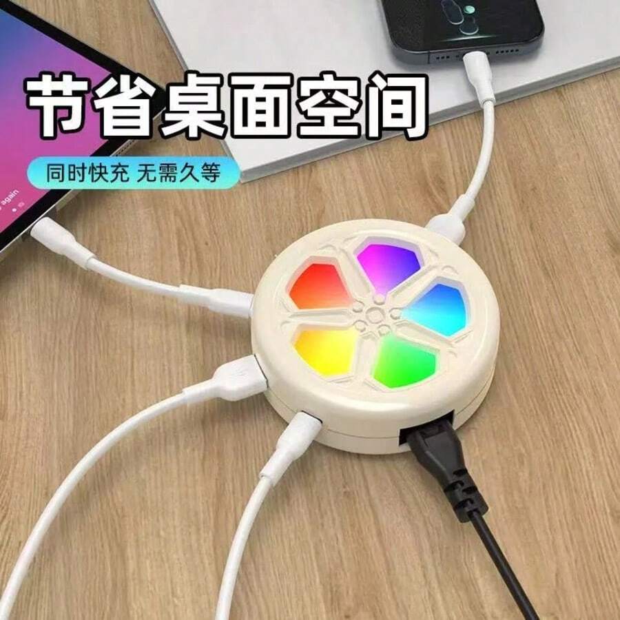 Cargador de Escritorio Multipuertos RGB 25W, Hub USB 4 en 1 con Luz LED, Carga Rápida para Celulares y Tablets - Tipo de Enchufe B USA (110-127V) - Ver 1