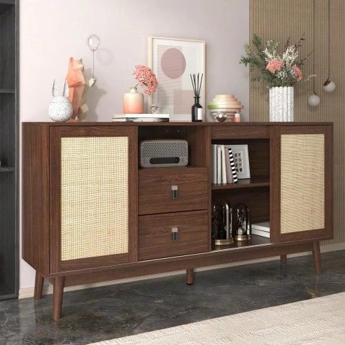 Sideboard With 3 Schiebetüren Aus Echtem Rattan And 2 Schubladen, 155x38x80 Cm, Atmungsaktiv, Stable And Vielseitig - Wood - View 1
