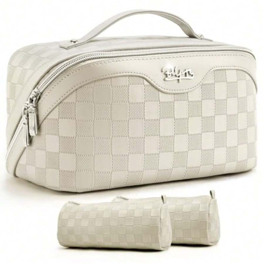 BOYATU - Bolsa organizadora de maquillaje de viaje bolsa de cosméticos: juego de 3 bolsas de maquillaje para mujeres con asa bolsas de aseo de piel vegano bolsa esencial de viaje con compartimentos - 01DBeige - Ver 1