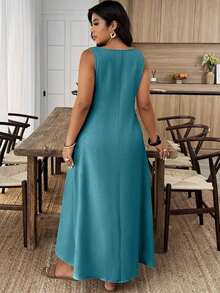Weeklong Vestido casual de verano de talla grande con cuello con muesca y decoración de botones en unicolor - Agua verde azul - Ver 2