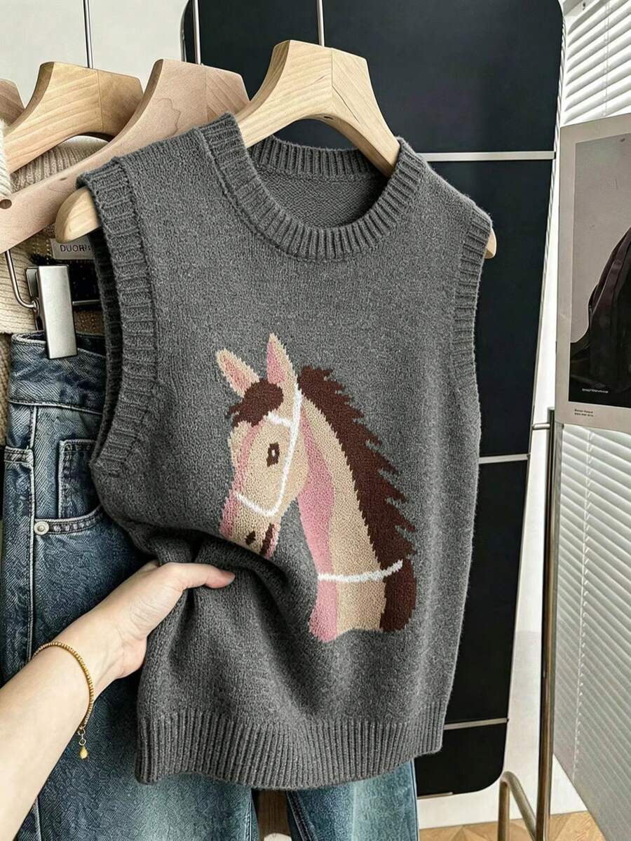 卡通撞色马图案无袖毛衣背心，女士夏季穿搭
