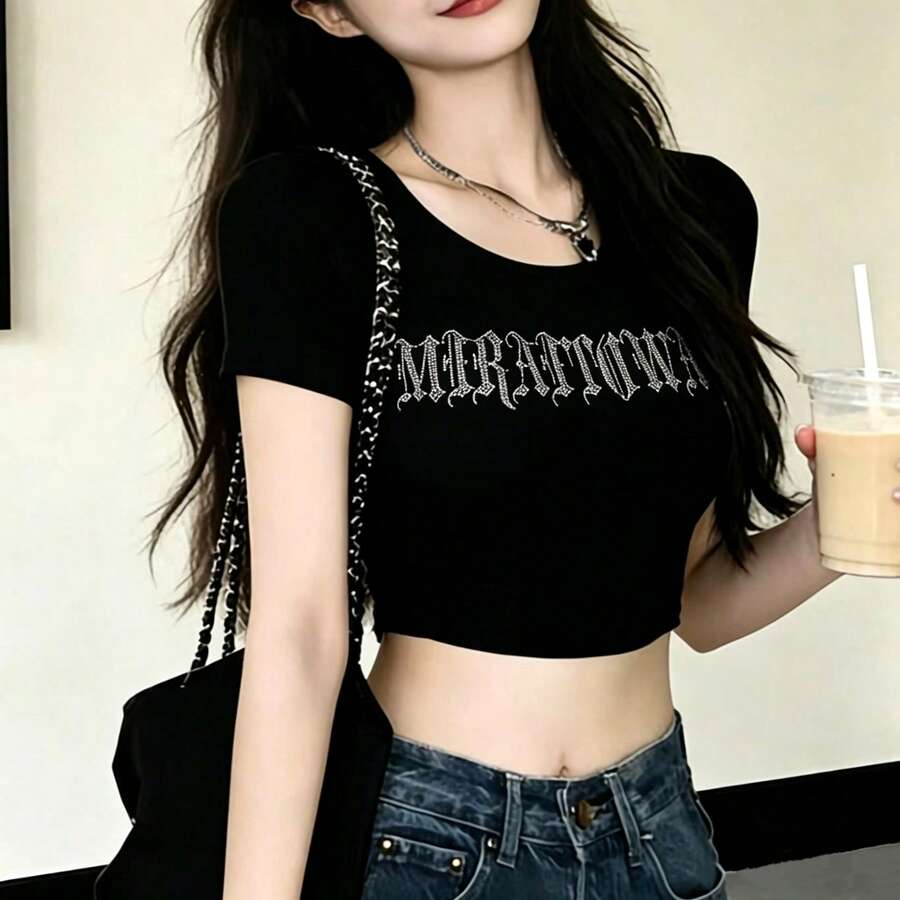 黑色水钻装饰常规肩部短袖T恤,修身露脐时尚休闲女式夏季上衣 - 黑色 - 查看 1