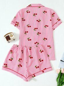 2pcs Comfortable Pink & White Striped Cherry Print Short Sleeve Collar Top And Bow Shorts Pajama Set For Women, Spring/Summer - Pink - View 2