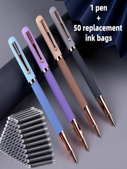 51pcs Set/(1 Ballpoint Pen + 50 Refill Cartridges) Dual-Tone Metal Ballpoint Pen, Smooth Writing, Suitable For Daily Writing, School, Office, Business Signing, Great Gift Choice For Holidays