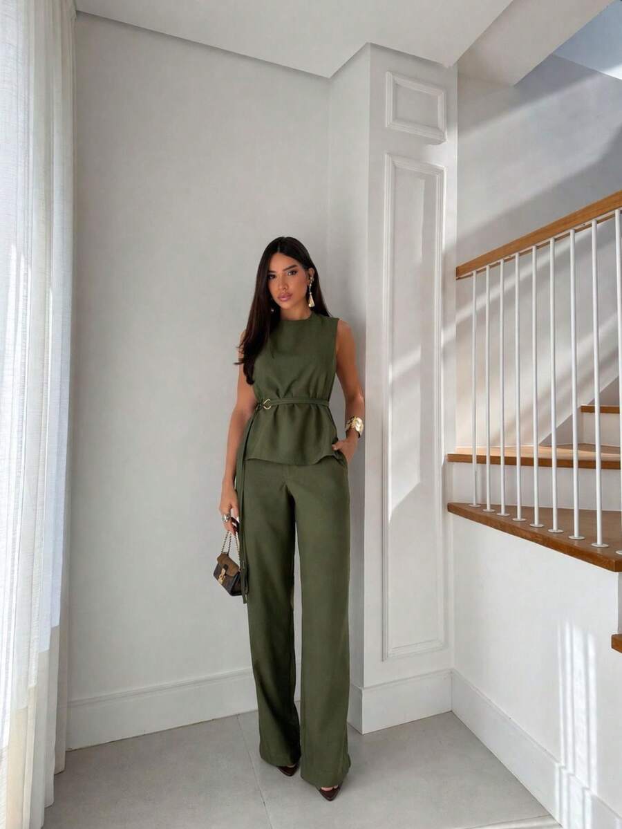 Women's Premium Tailored Set Eden Sleeveless Blouse + Elegant Wide-Leg Pants – ALKABBANY Casual Fabric Composite With Belt Tailored Sets Evening Wedding Office Street Autumn Winter - 軍綠色 - 查看 1