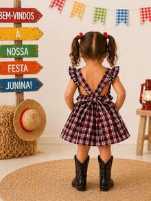 Children's June Festival Dress, Red, Black, And White Checkered Pattern With Back Bow, Sizes 2, 4, And 6 Years Old, Checkered Romper, Country Style, São João Junino - Họa tiết caro đỏ, trắng và đen - Xem 3