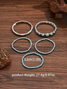 5pcs/Set Vintage Western Style Turquoise Beaded Elastic Bracelet Set, Suitable Men And Women Everyday Wear - 多色 2 - 查看 6