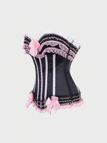 Corsets For Women Lace Trim Lingerie Tops Bow Lace Up Corsets Bustier Lingerie Bodyshaper Top - 粉色 - 查看 5